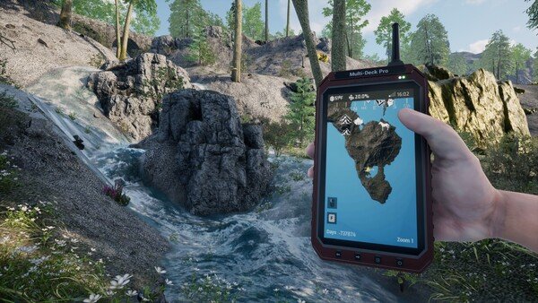 A KeepUp Survival screenshot showing a player's hand holding a device with a map near a flowing river in a forest environment.