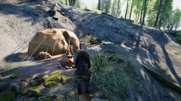 A screenshot from KeepUp Survival showing a character standing near a campfire and tent in a lush forest setting.