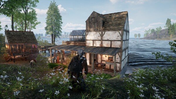 A 'KeepUp Survival' screenshot shows a player overlooking a rustic house by a lake, surrounded by trees and flowers.