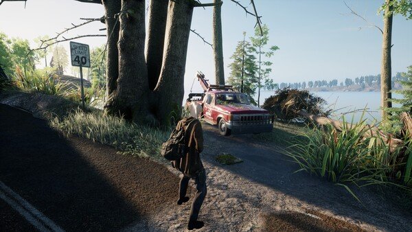 A KeepUp Survival screenshot showing a backpack-wearing character near a red tow truck on a forested roadside.