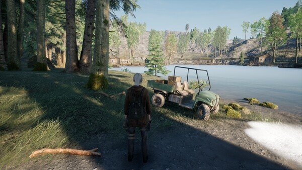 KeepUp Survival screenshot: A character stands by a green off-road vehicle near a tranquil lake surrounded by trees and cabins.
