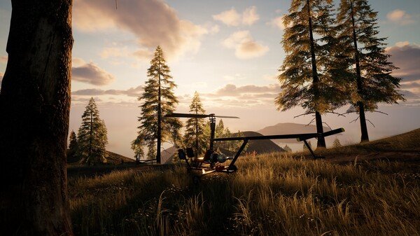 A screenshot from KeepUp Survival showing a small helicopter resting on grassy terrain surrounded by tall trees at sunset.