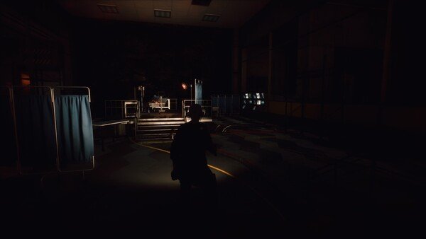 Screenshot from KeepUp Survival showing a player character in a dark room with medical equipment and dim lighting.