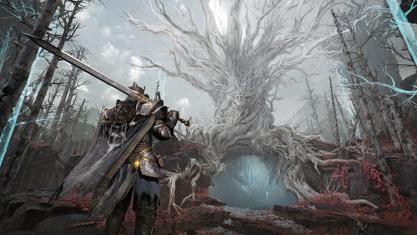 Screenshot from Mistfall Hunter showing a knight with a sword facing a massive, intricate white tree in a mystical forest.