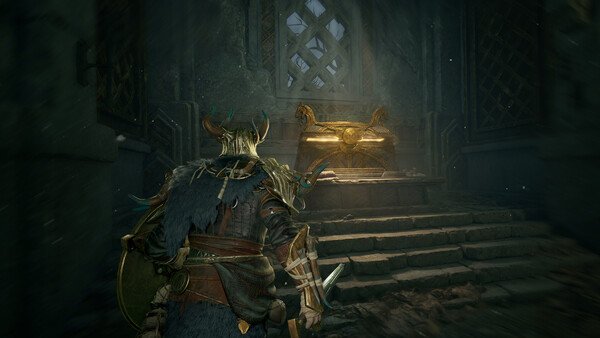 Mistfall Hunter screenshot: A warrior in armor approaches a glowing treasure chest inside a dimly lit, ancient stone chamber.