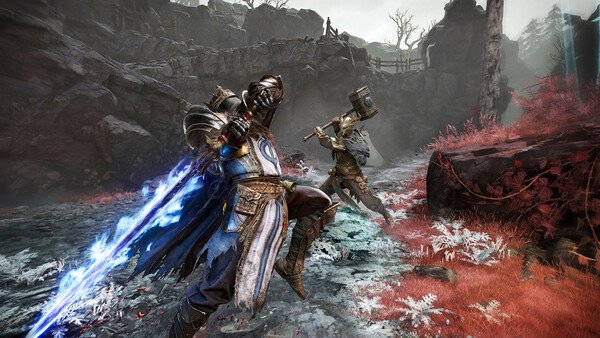 Mistfall Hunter screenshot: Two armored warriors clash in a rocky, autumnal landscape, wielding a glowing sword and a hammer.