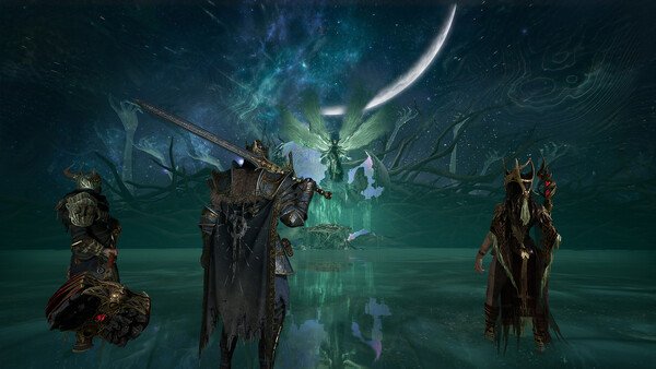 Mistfall Hunter screenshot: Three armored characters face a glowing dragon in a mystical landscape under a crescent moon.