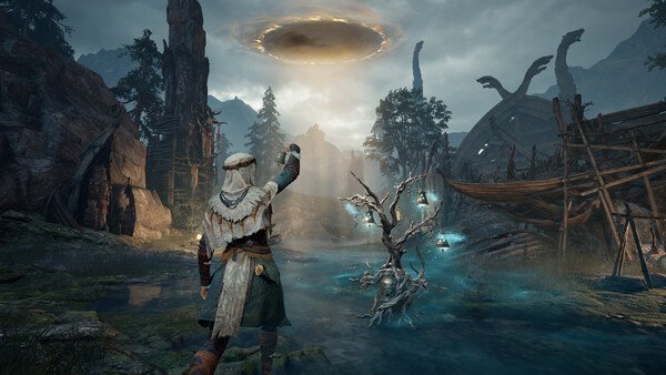 Mistfall Hunter screenshot: A cloaked figure stands near a glowing tree, gazing at a swirling portal in a foggy, ruined landscape.