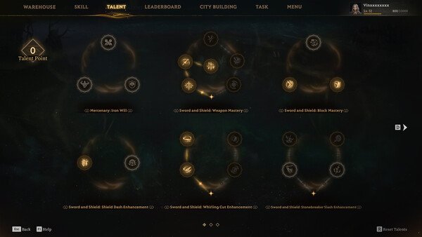 Screenshot from Mistfall Hunter showing the talent tree menu with various skill icons and descriptions available for selection.