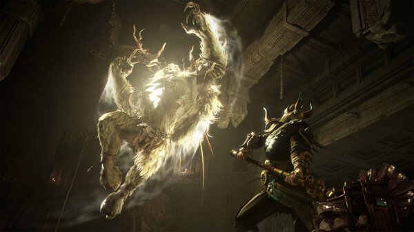 Screenshot from Mistfall Hunter showing a warrior confronting a glowing, ghostly beast in a dimly lit ancient chamber.