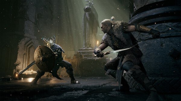 A Mistfall Hunter screenshot showing two warriors in a tense standoff inside a dimly lit, ancient stone chamber.
