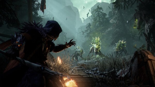 Mistfall Hunter screenshot: A cloaked figure aims a fiery arrow at spiky creatures in a dark, misty forest path.