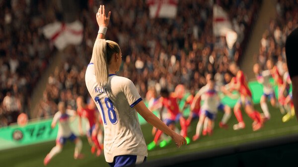 EA SPORTS FC 27 screenshot: A player wearing a white jersey with "18" and "Kelly" raises a hand in a crowded stadium.