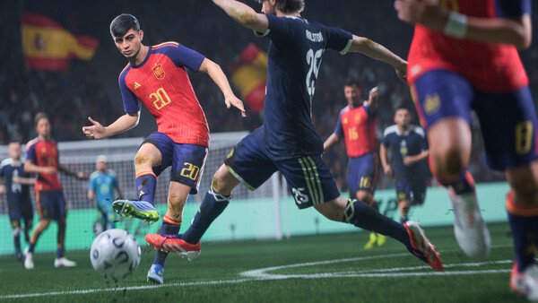 A screenshot from EA SPORTS FC 27 showing a soccer match, with a player in a red jersey passing the ball under pressure.