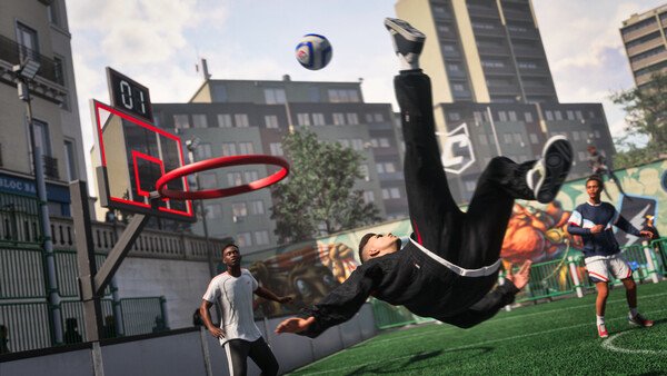 A screenshot from EA SPORTS FC 27 showing players on a street soccer pitch, with one performing an acrobatic bicycle kick.
