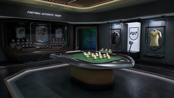 EA SPORTS FC 27 screenshot: A sleek, modern room displays a table with player cards, team kits, and trophies.