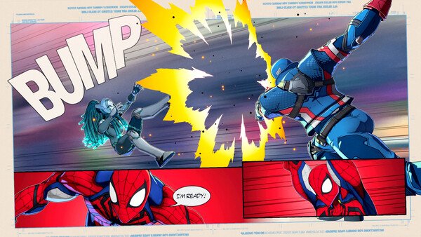 Screenshot from MARVEL Tōkon: Fighting Souls shows Captain America battling a foe as Spider-Man says, "I'm ready!" in comic-style visuals.