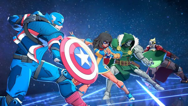 Screenshot of MARVEL Tōkon: Fighting Souls showing Captain America, Ms. Marvel, Doctor Doom, and Ant-Man in a cosmic-themed battle arena.