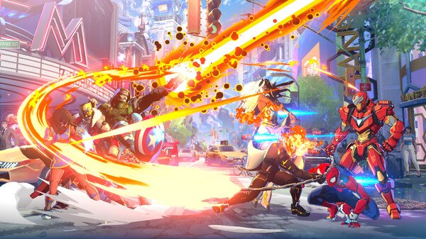 Screenshot from MARVEL Tōkon: Fighting Souls showing superheroes, including Spider-Man and Iron Man, battling in a vibrant cityscape.