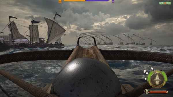 Screenshot from Mount & Blade II: Bannerlord Warband showing a naval battle with ships and archers under a cloudy sky.