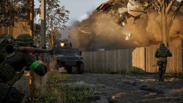 WARDOGS screenshot: Soldiers armed with rifles advance near a Humvee as a large explosion erupts in the background.