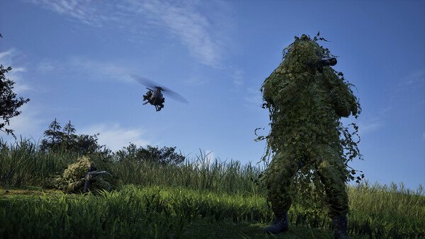 A WARDOGS screenshot showing a camouflaged soldier aiming a weapon, with a helicopter hovering in the blue sky above grassy terrain.
